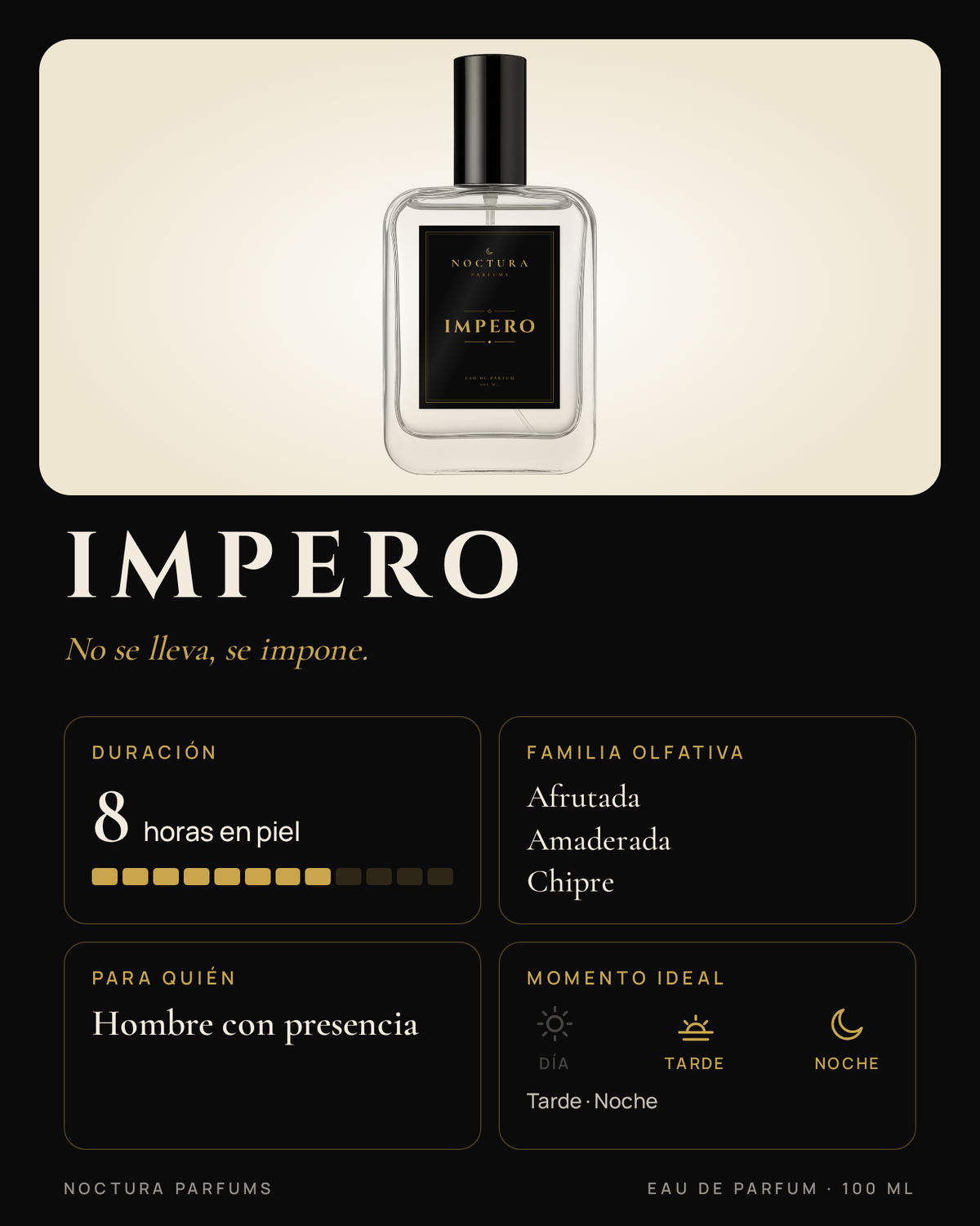 Ficha de Impero de Noctura Parfums: 8 horas de duración, familia afrutada, amaderada y chipre, para hombre con presencia, ideal de tarde y noche
