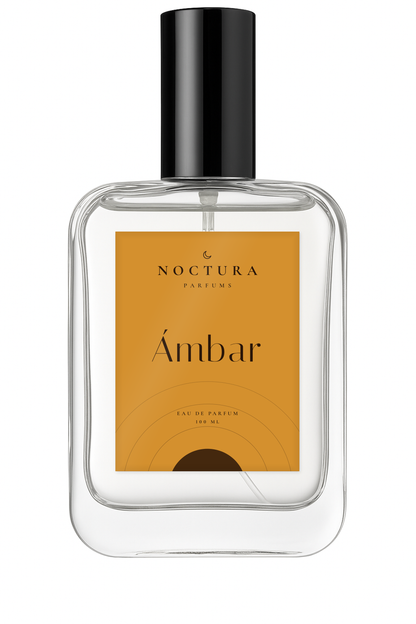 Ámbar de Noctura Parfums, perfume oriental especiado unisex, frasco de cristal de 100 ml con etiqueta color ámbar