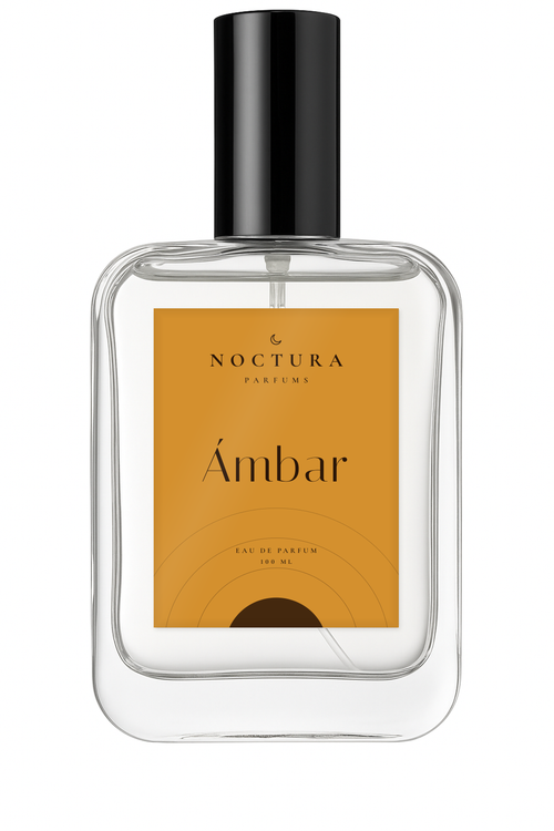 Ámbar de Noctura Parfums, perfume oriental especiado unisex, frasco de cristal de 100 ml con etiqueta color ámbar