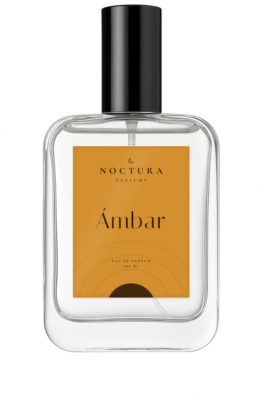 Ámbar de Noctura Parfums, perfume oriental especiado unisex, frasco de cristal de 100 ml con etiqueta color ámbar