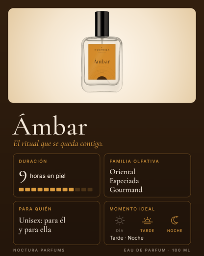 Ficha de Ámbar de Noctura Parfums: 9 horas de duración, familia oriental, especiada y gourmand, unisex, ideal de tarde y noche