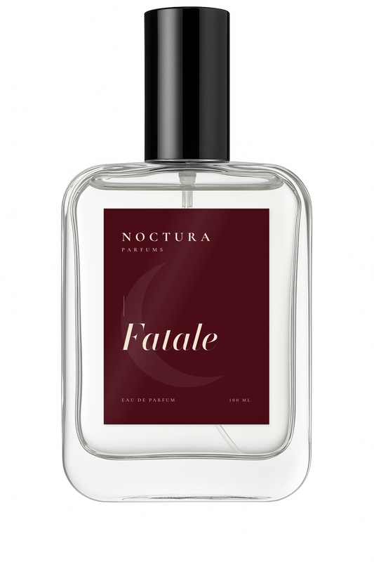 Fatale de Noctura Parfums, perfume oriental gourmand para hombre, frasco de cristal de 100 ml con etiqueta rojo vino