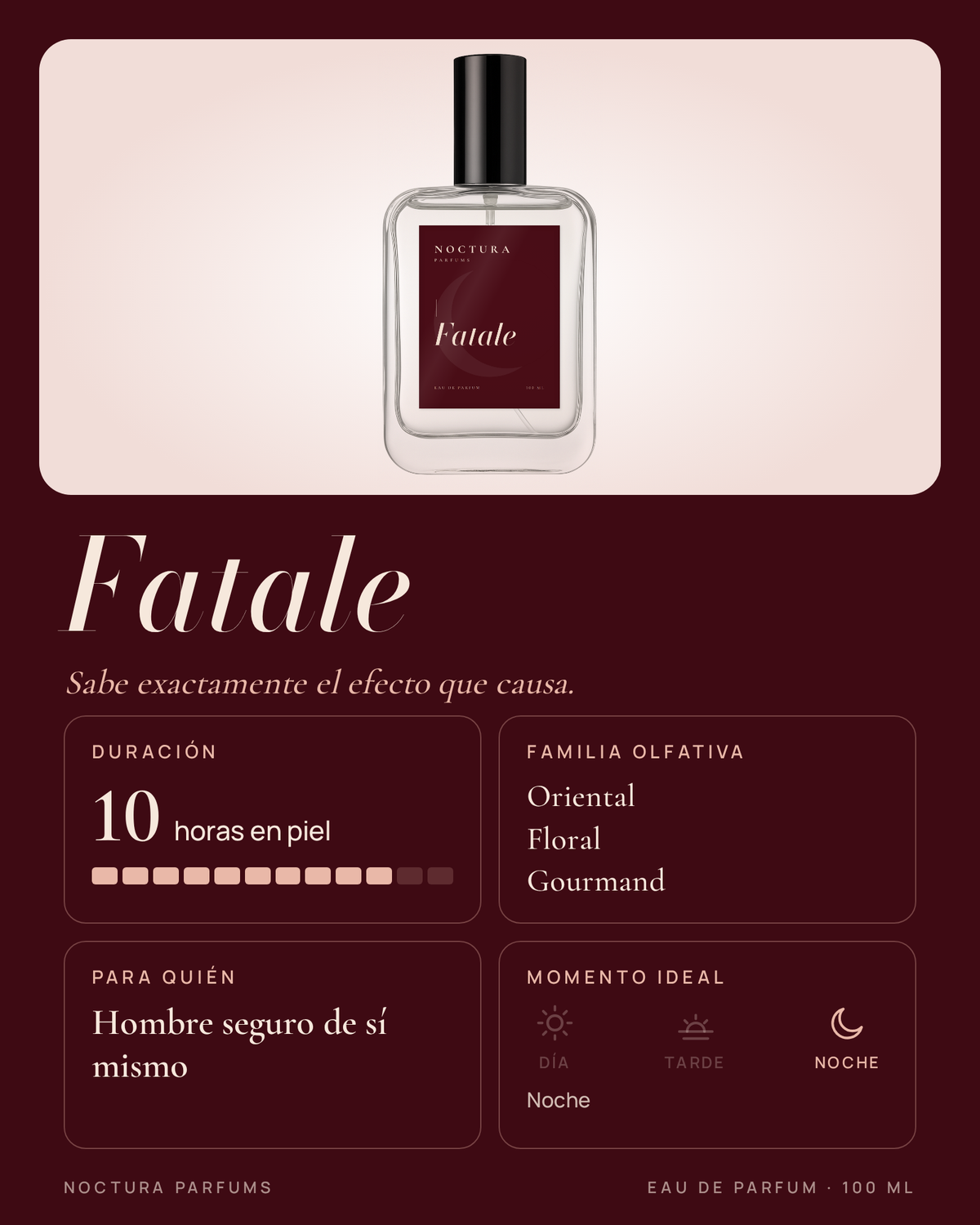 Ficha de Fatale de Noctura Parfums: 10 horas de duración, familia oriental, floral y gourmand, para hombre seguro de sí mismo, ideal de noche