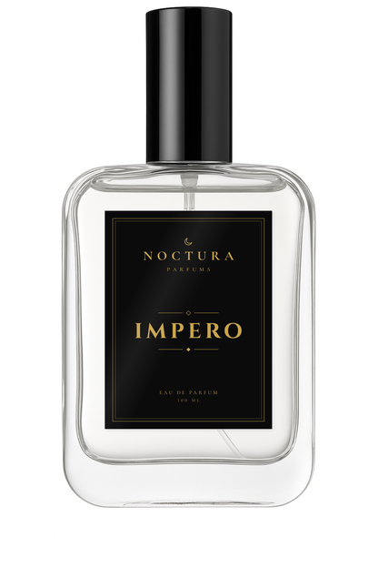 Impero de Noctura Parfums, perfume amaderado y afrutado para hombre, frasco de cristal de 100 ml con etiqueta negra y dorada