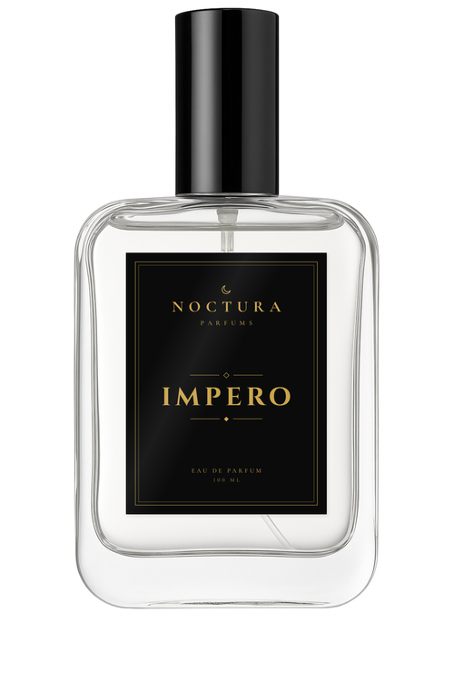 Impero de Noctura Parfums, perfume amaderado y afrutado para hombre, frasco de cristal de 100 ml con etiqueta negra y dorada
