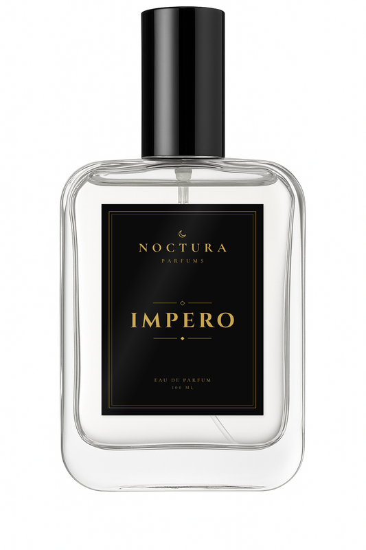 Impero de Noctura Parfums, perfume amaderado y afrutado para hombre, frasco de cristal de 100 ml con etiqueta negra y dorada