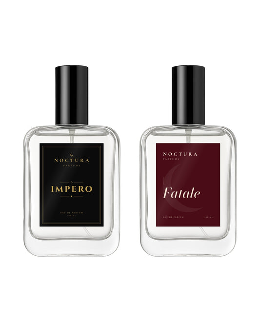 Pack Dúo Noctura Parfums: dos perfumes de 100 ml a elegir, Impero con etiqueta negra y Fatale con etiqueta rojo vino