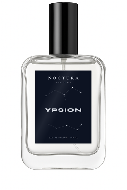 Ypsion de Noctura Parfums, perfume aromático y especiado para hombre, frasco de cristal de 100 ml con etiqueta azul medianoche y constelaciones