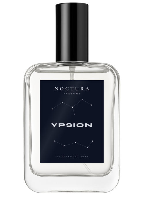 Ypsion de Noctura Parfums, perfume aromático y especiado para hombre, frasco de cristal de 100 ml con etiqueta azul medianoche y constelaciones