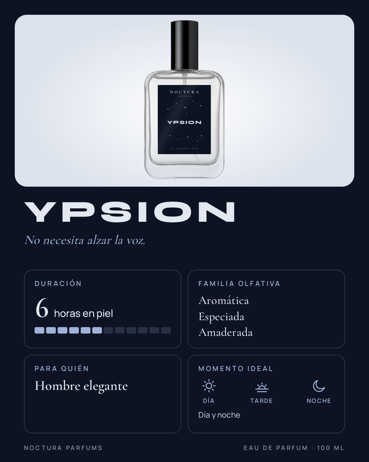 Ficha de Ypsion de Noctura Parfums: 6 horas de duración, familia aromática, especiada y amaderada, para hombre elegante, versátil de día y de noche